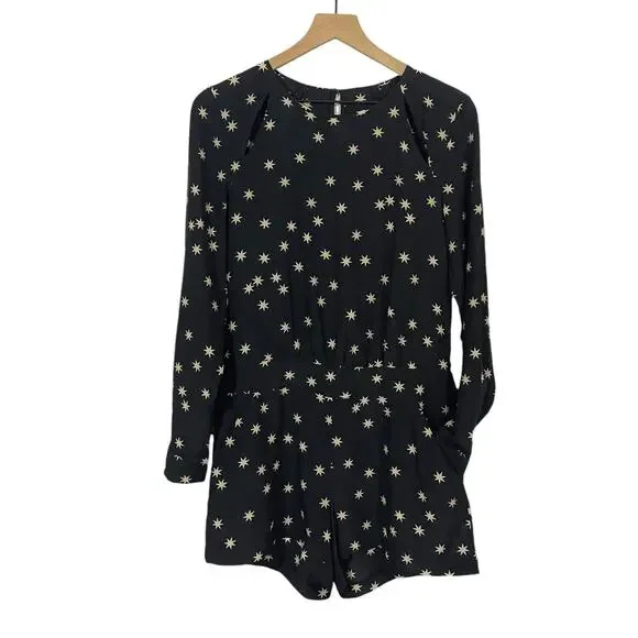 Pam & Gela Long Sleeve Silk Romper - Black & Cream - 0